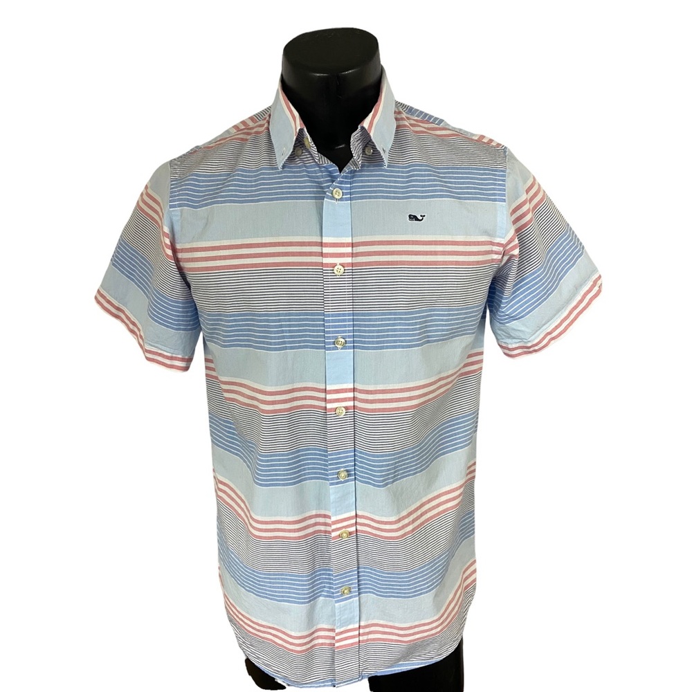 Vineyard Vines Whale Shirt Button Down Striped Blue Red Cotton Small S Cotton